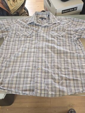 Roper Men's Short-Sleeve Plaid Button-Down Shirt - White, Tan, Light Blue